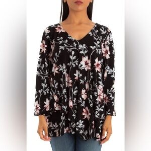 Alfani Women's Size 1X Blouse Floral V-Neck Flared 3/4 Sleeves Black Pink